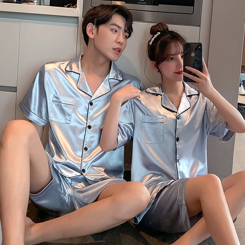 Bộ Đồ Ngủ Tay Ngắn Vải Lụa Satin Phong Cách Hàn Quốc Plus Size M-5Xl Cho Nam Và Nữ