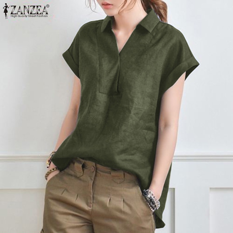 Áo ZANZEA tay ngắn cổ bẻ form rộng chất liệu cotton trẻ trung cho nữ