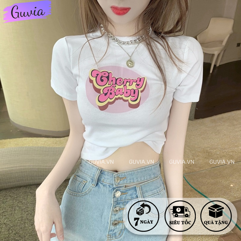 Áo Croptop Ôm Body Nữ CHERRY BABY Cổ Tròn Tay Ngắn, Áo Thun Croptop Kiểu In Họa Tiết GUVIA CR86