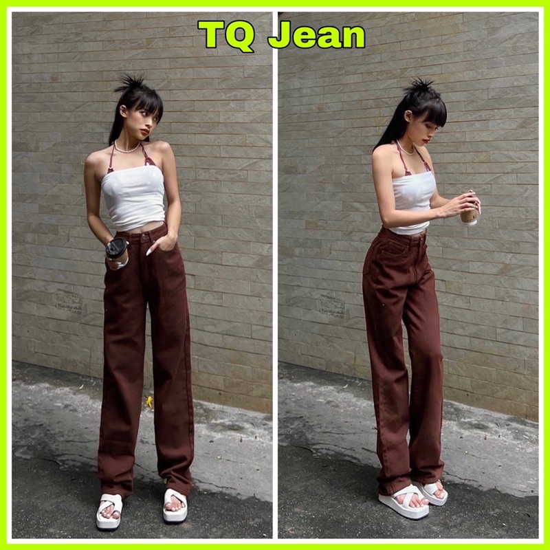 Quần Jeans nữ ống rộng màu nâu - chất kaki dày dặn dưới 52kg