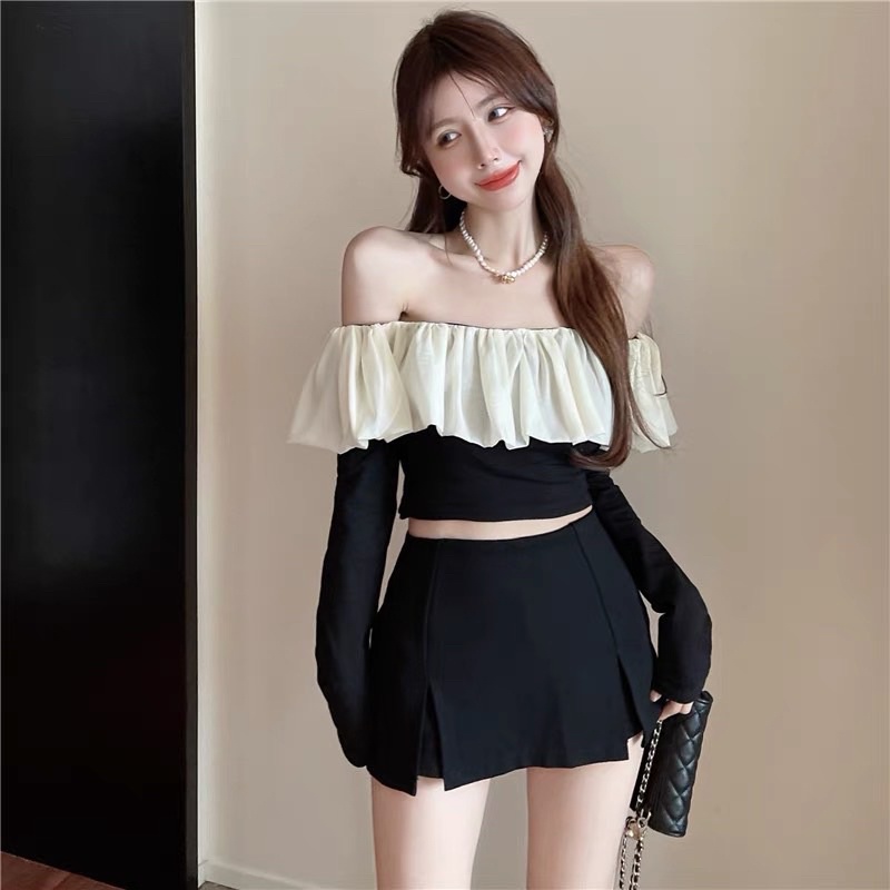 SET ÁO BẸT VAI BÈO NGỰC TAY DÀI + CHÂN VÁY XẺ