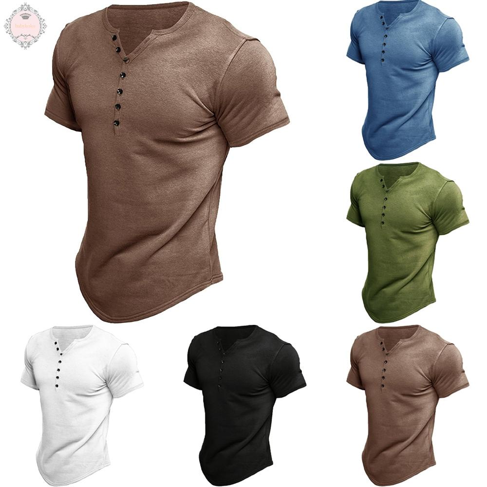 Summer European American Men Henley Shirt Short-Sleeved Solid Color T-Shirt Top