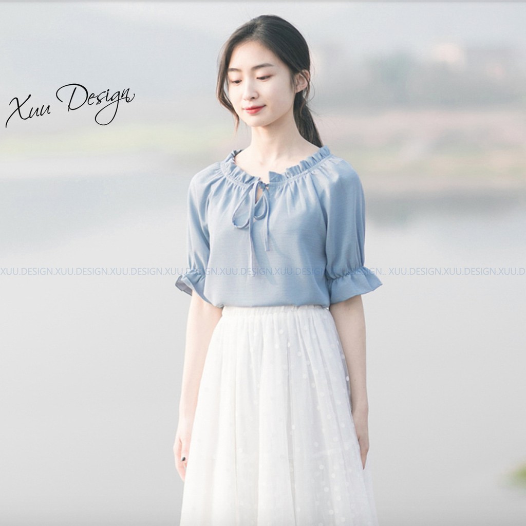Áo sơ mi nữ công sở Xuu, chất vải lụa tay lỡ cổ bèo thắt nơ SP10