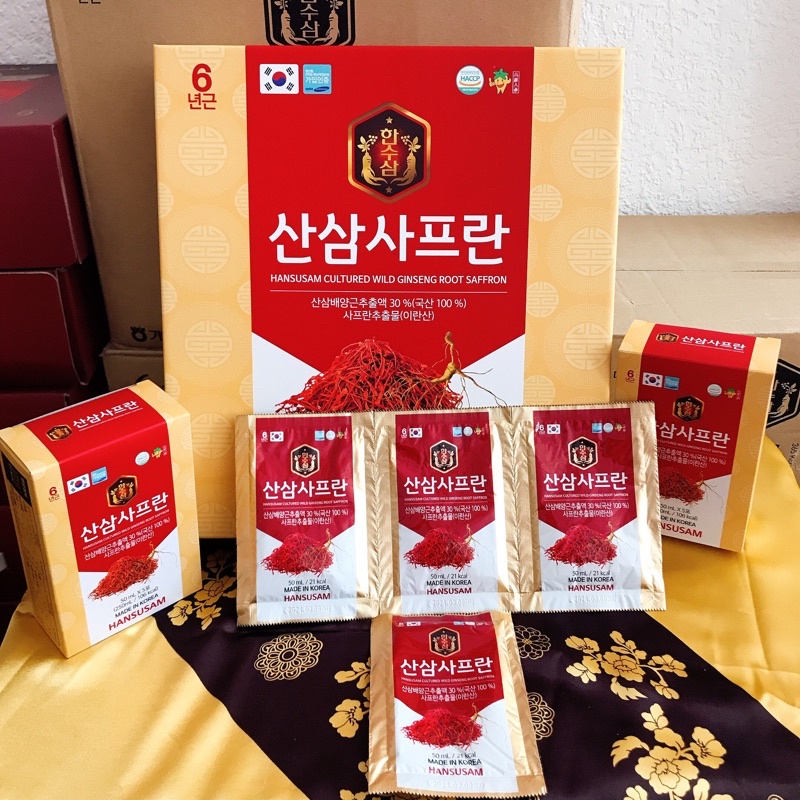 Nước Chiết Xuất Hồng Sâm Núi Nhụy Hoa Nghệ Tây Saffron Hansusam Hộp 30 Gói x 50ml