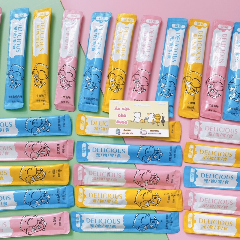 Tuýp súp thưởng cho mèo Delicious vị Bò,Cá ngừ mix gà,Cá hồi dạng lỏng gói lẻ cho Mèo con trên 3 tháng