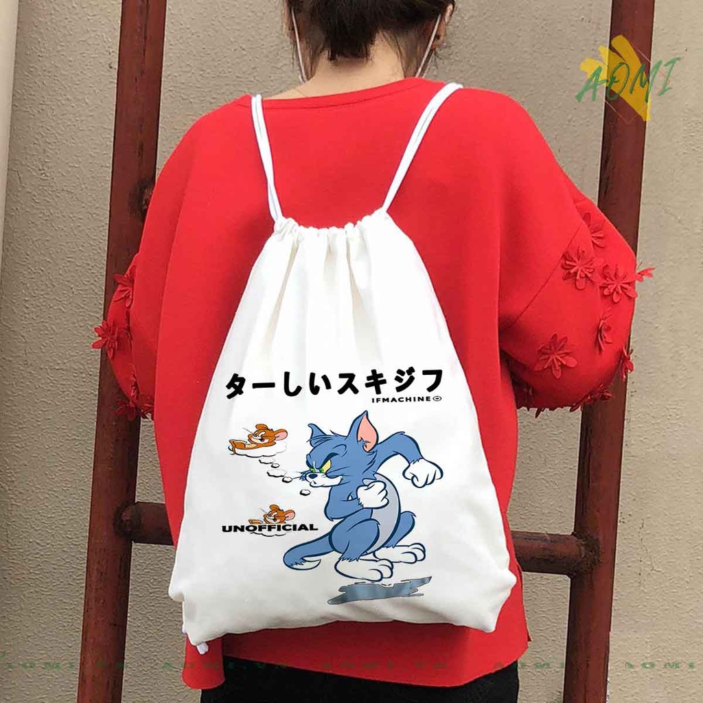 BALO MINI HOT TREND AOMIVN DÂY RÚT ĐEO VAI 33x38cm NHỎ XINH UNISEX CHẤT CANVAS CUTE TIỆN ÍCH DU LỊCH ĐEN TRẮNG