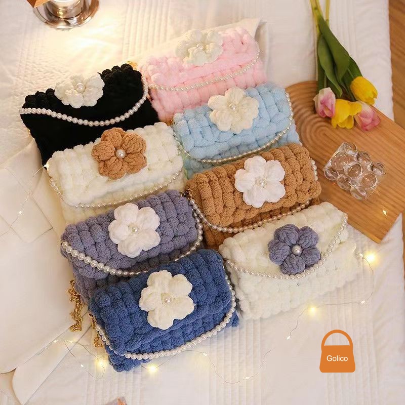 Túi tự đan, Túi tự đan đeo chéo handmade ngọc cài hoa [Có video hướng dẫn]