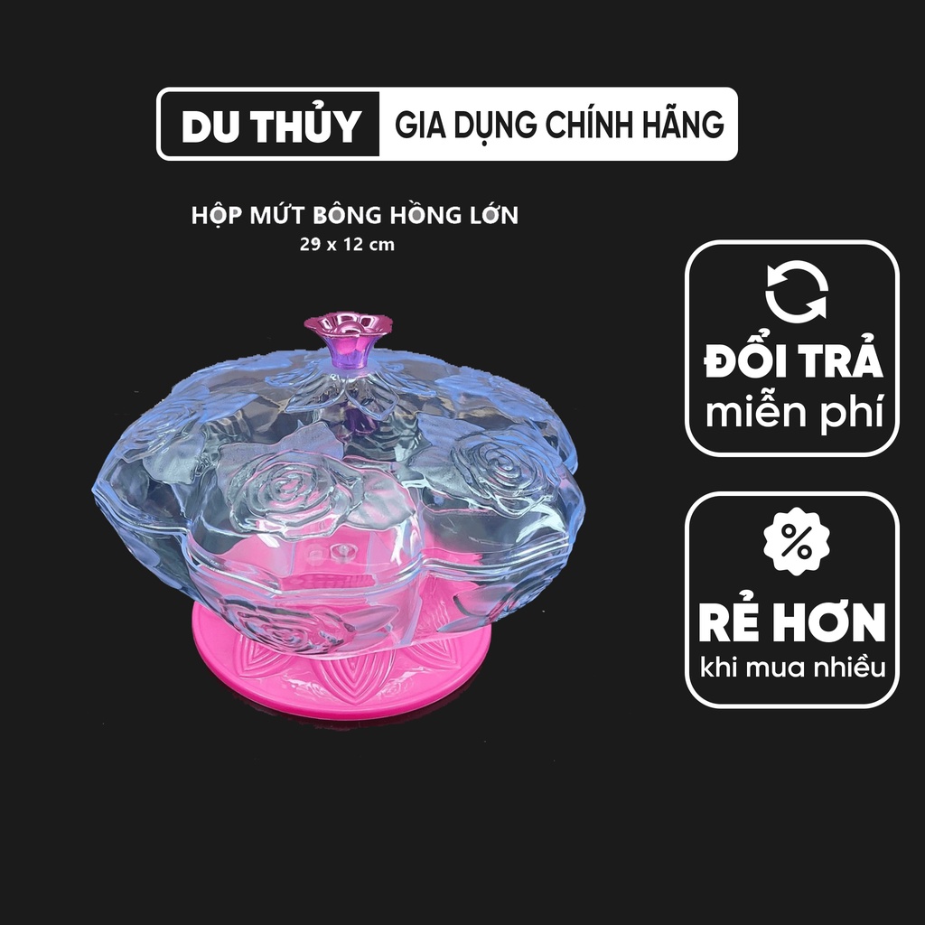 Hộp mứt bông hồng lớn thiết kế sang trọng có đế xoay tiện lợi, nhiều ngăn nhựa acrylic an toàn dùng đựng mứt ngày tết