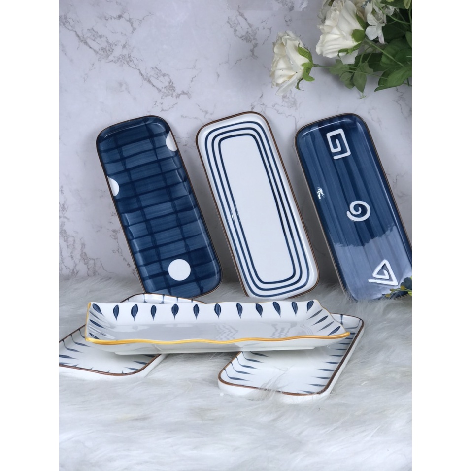 Giảm 50% HÀng xuất Châu ÂU - Đĩa chữ nhật đường thẳng viền vàng, viền nâu, bo tròn bo vuông .