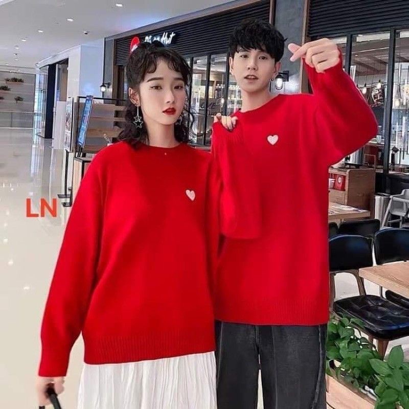 áo đôi thu đông nam nữ diện tết 2021 vải nỉ đẹp, áo sweater màu đỏ