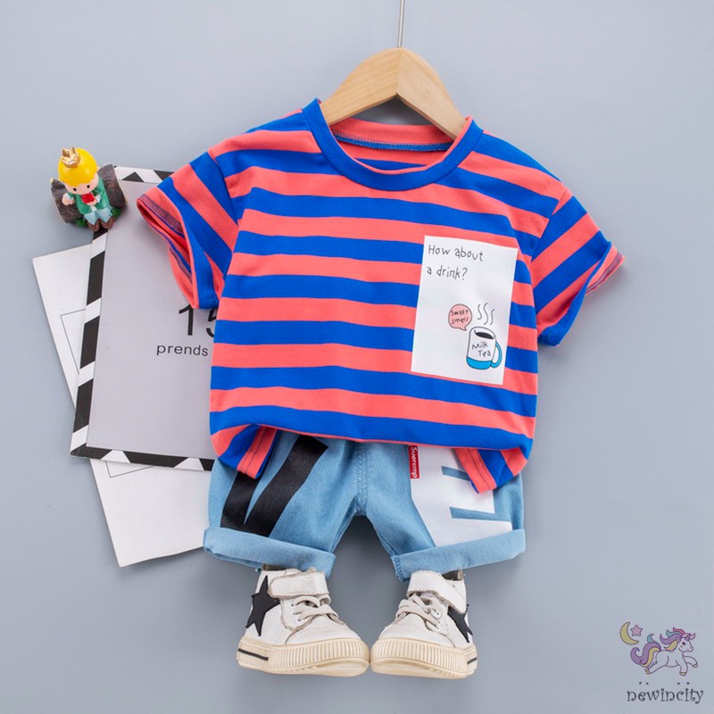 Bộ Áo Thun Kẻ Sọc + Quần Short Jean Cho Bé Trai