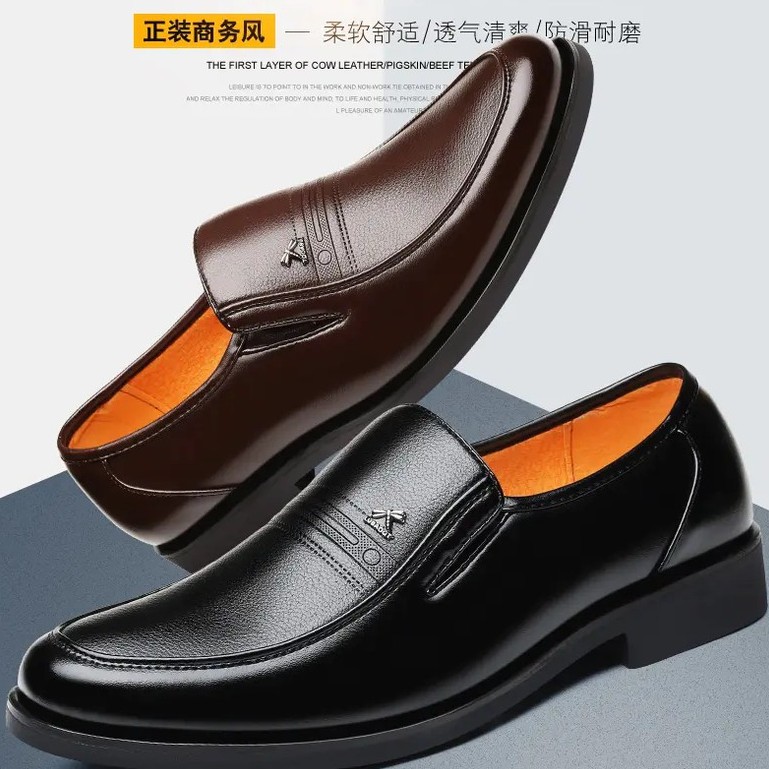 Men's Shoes Fleece-Lined Spring and Autumn New Business Formal Wear Slip-on round Toe Leather Shoes Men's Middle-Aged Father Shoes One Piece Dropshipping