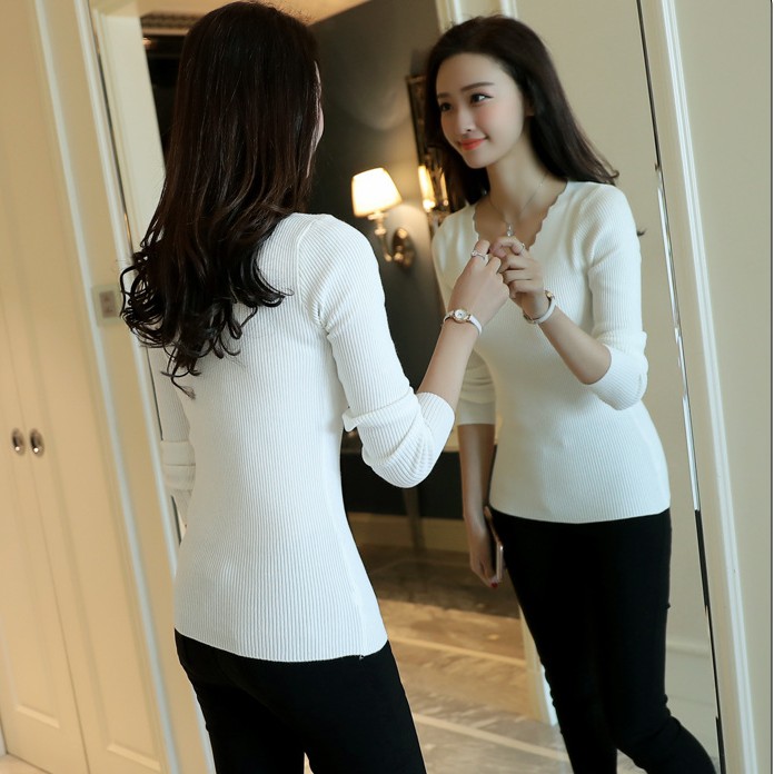 Áo len nữ mỏng dài tay Cổ Chữ V gợn sóng Màu Trơn Basic Phong Cách Hàn Quốc