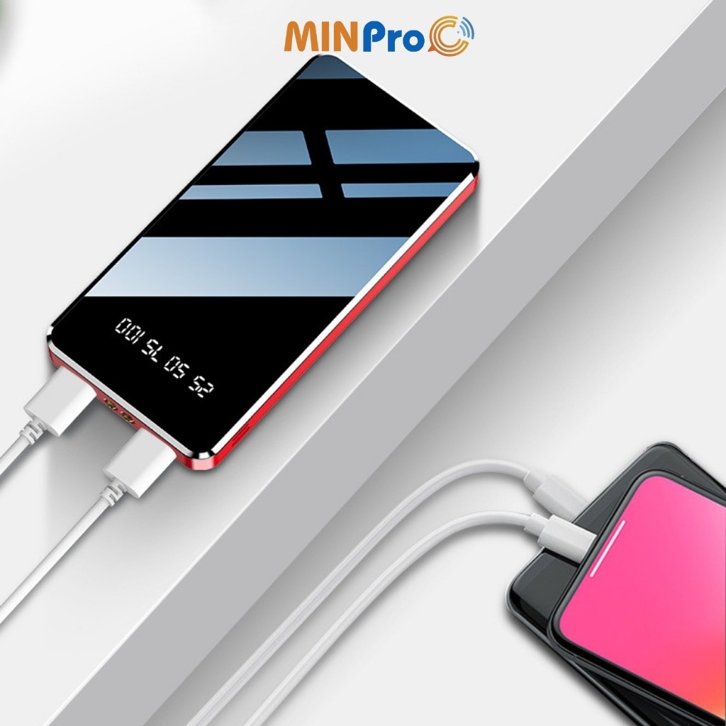 Pin sạc dự phòng 20000mAh hình chữ nhật mini, nhỏ gọn, tặng kèm dây cáp 3 đầu và có miếng đỡ điện thoại - MINPRO