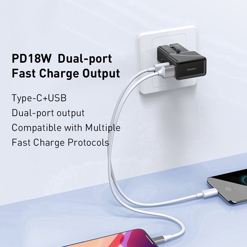 Củ sạc nhanh Baseus QC 3.0 PD3.0 đầu USB phích cắm EU UK thông dụng khi đi du lịch cho mọi điện thoại di động