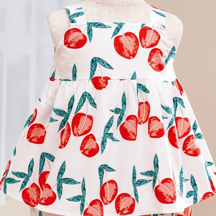 Bộ Đồ Carrot Cho Bé Gái, Họa Tiết Quả Mơ Đỏ, Hai Dây Dáng Xòe, Chất Thô Cotton Thoáng Mát Thấm Hút Mồ Hôi Tốt