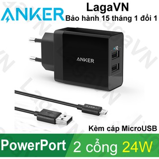 Sạc ANKER PowerPort 2 24W kèm cáp Micro-USB dài 0.9m - B2021