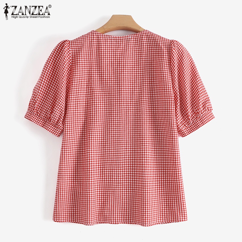 ZANZEA Women Sweet Plaid Doll Collar Stitching Lace Puff Short Sleeve Top