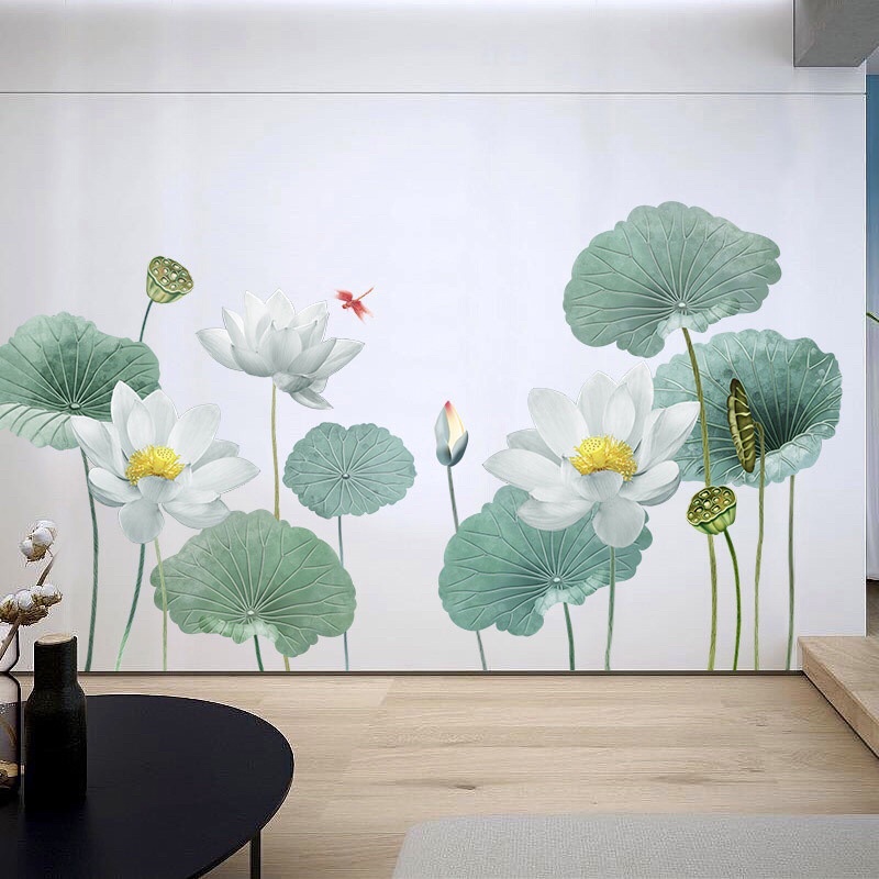 Decal dán tường trang trí phòng khách , Tranh dán tường hoa sen trắng cỡ đại.