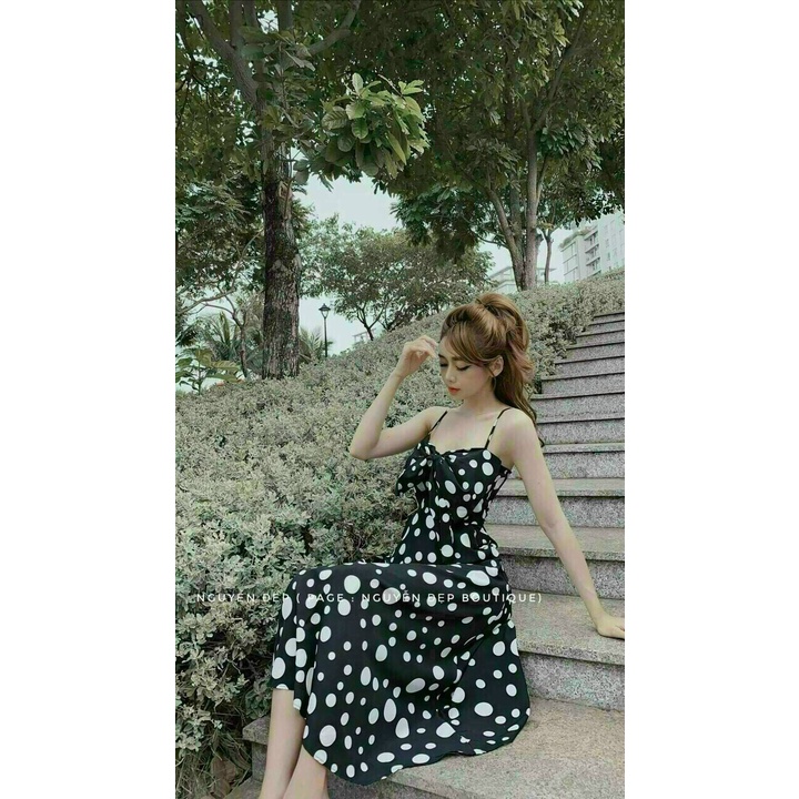 Đầm Lụa 2 Dây Dáng Dài Maxi, Đầm Xòe Dự Tiệc Chấm Bi Sang Chảnh Có Mút Ngực Kèm Túi Siêu Xinh Thời Trang Nữ Minh Phúc