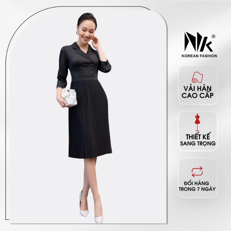 Váy Xếp Ly Dáng Dài Nữ NK Fashion Thiết Kế Cổ Vest Liền Tay Lỡ Có Lớp Lót Chất Vải Hàn Nhập Cao Cấp NKDV2110002