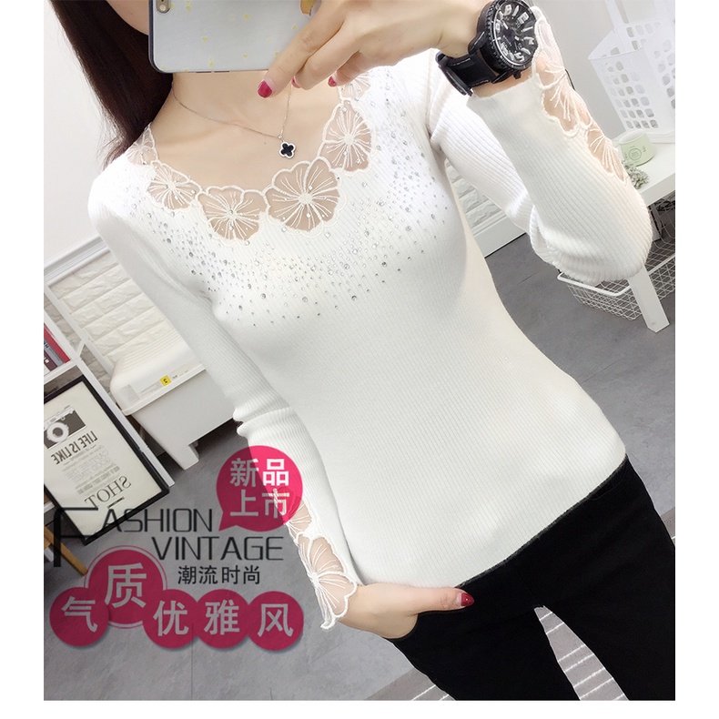 MỚI Áo len tay dài phối ren hoa thiết kế dáng rộng cho nữ