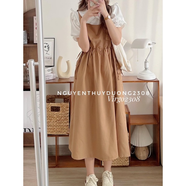 [HÀNG SẴN]SET VÁY YẾM KAKI CHUN EO MIX ÁO SƠMI CỔ SEN 3 MÀU 1191 style Ulzzang