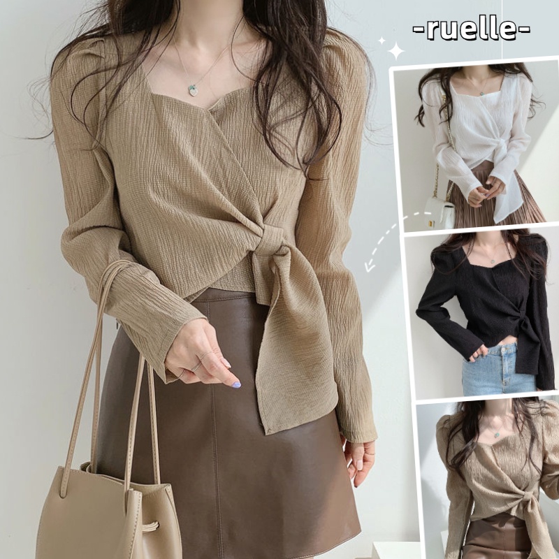 Áo Sơ Mi Tay Dài Cổ Vuông Form Rộng Thiết Kế Độc Đáo Phong Cách Retro Hàn Quốc