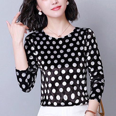 Áo thun nhung tay dài ôm dáng họa tiết chấm bi thời trang mùa thu cho nữ 40-50 tuổi