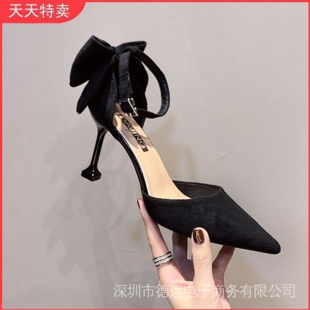 Sandal Cao Gót Mũi Nhọn Màu Đen Thời Trang Xuân Thu 2022 Dành Cho Nữ