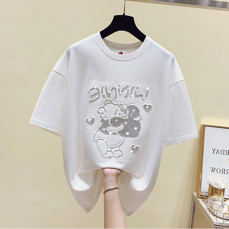 Áo Thun Nữ Ngắn Tay Cổ Tròn Đính Đá Thời Trang