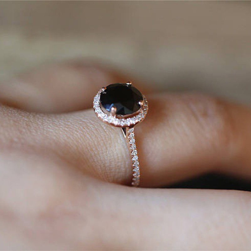 Aifei Jewellery Women Ring Mosaic Black Diamond 925 Sterling Silver 18K Rose Gold Plating R916