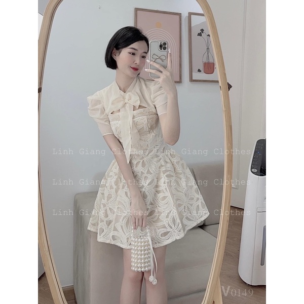 ĐẦM REN KEM THẮT NƠ NGỰC CUT OUT PHỐI VOAN