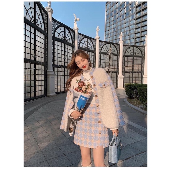 Set áo dạ bông kèm chân váy xinh xắn order taobao