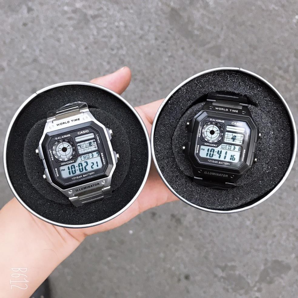 unisex áo [HOT 2021]Đồng hồ nam Casio AE 1200-WHD classic chống nước , dây thép không gỉ (dây bạc mặt đen)-FULL BOX THi