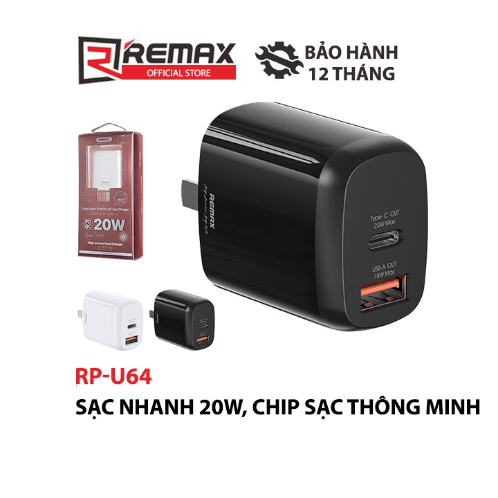 [Mã LTP50 giảm 50000 đơn 150000] Cốc sạc nhanh Remax RP-U64 Grace Series 20W 2 cổng USB PD, QC3.0