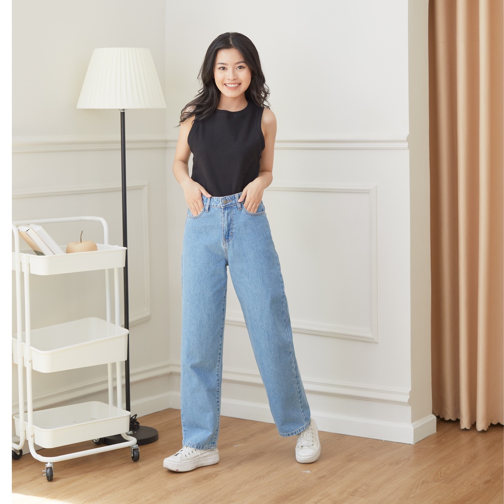 Quần Jeans Nữ Lưng Cao Ống Suông Rộng Màu Xanh LDL-102