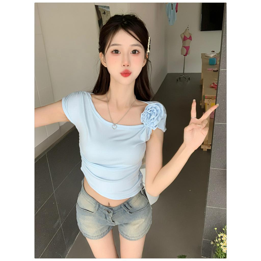 Áo Croptop Dệt Kim Trễ Vai Màu Trơn Dáng Ôm Thời Trang Mùa Hè Xinh Xắn Cho Nữ