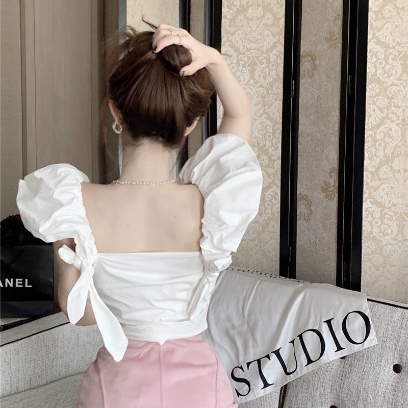 SUXI Áo Tay Phồng Ngắn Cổ Vuông Màu Sắc Đơn Giản Thời Trang Mùa Hè Cho Nữ