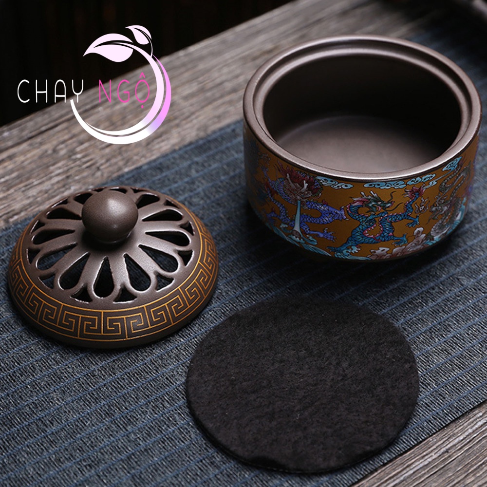 Lư Xông Trầm Hương Đỉnh đốt nhang bằng gốm sứ cao cấp có hoa văn chạm khắc - Lư bầu họa tiết
