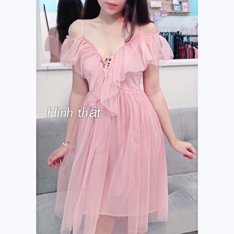 Đầm lưới côn chúa 2 dây trễ vai, kèm clip và hình thật | BigBuy360 - bigbuy360.vn