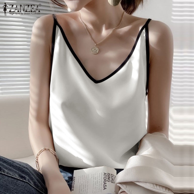 Áo hai dây ZANZEA cổ chữ V vải satin màu tương phản phong cách Hàn Quốc cho nữ