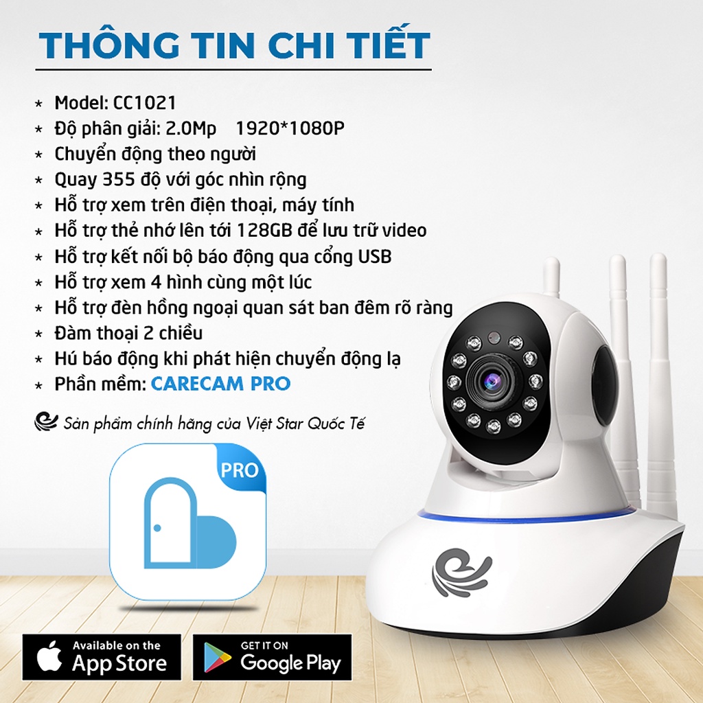 ⚡️FREESHIP⚡️Camera IP Wifi 3 Râu Carecam Full HD 1080P - 2.0MPX, Xoay 360 độ | BigBuy360 - bigbuy360.vn