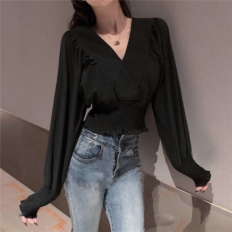 Áo voan nữ cổ chéo bo eo ta phồng nhún tay dài màu trơn nhún - Mã: 37 TV-Fashion