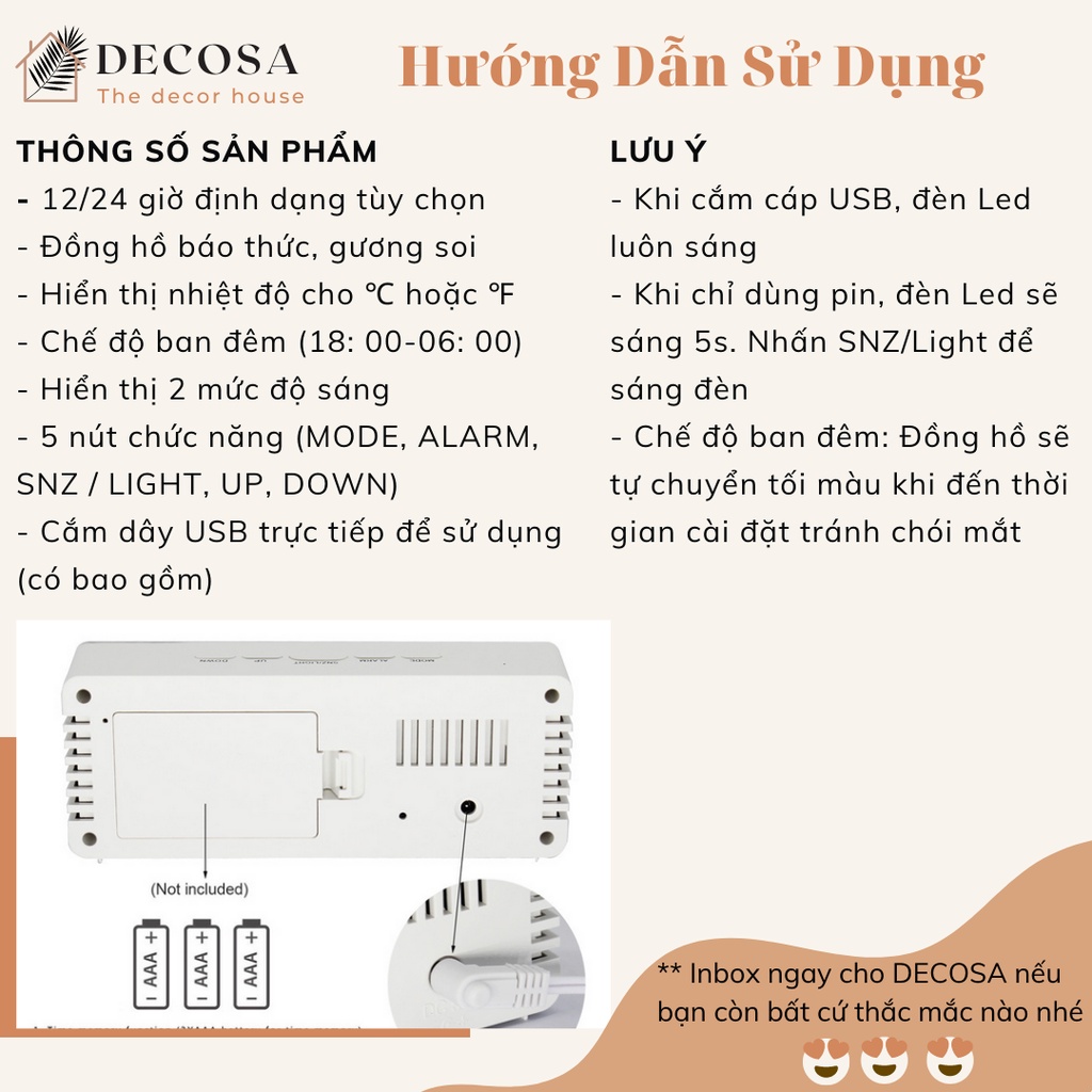 Đồng hồ led để bàn mặt gương thông minh DECOSA