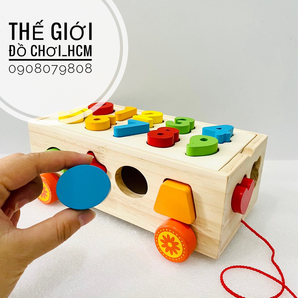 [BỔ ÍCH] Đồ chơi gỗ thông minh MONTESSORI xe kéo thả hình khối kết hợp bảng số đếm, hình khối giúp bé học nhận biết
