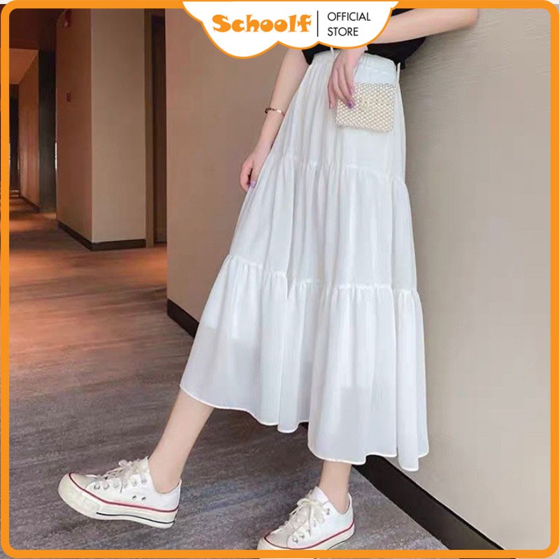 Chân váy dài Midi Style Ulzzang xếp ly 3 tầng có lót trong màu Đen / Trắng - Chất vải voan dáng xòe cực xinh | SchoolF