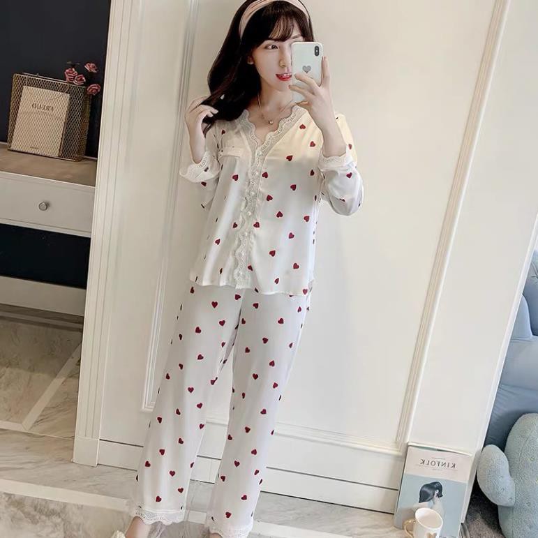 Bộ ngủ lụa Pijama dài tay hoạ tiết trái tim hàng cao cấp
