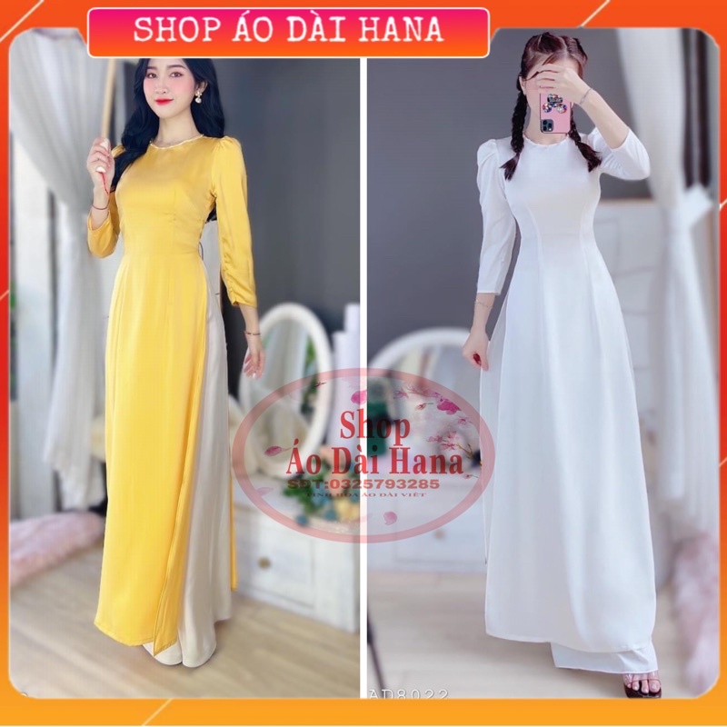 Áo dài cách tân nữ HANA may cổ tròn tay lỡ.Áo dài trơn thiết kế tay vai bồng cổ đính ngọc trắng.