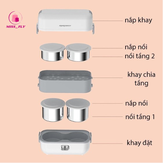 Hộp cơm cắm điện tự nấu chín, hộp cơm giữ nhiệt lõi inox đa năng mini 2 tầng 4 ngăn cao cấp